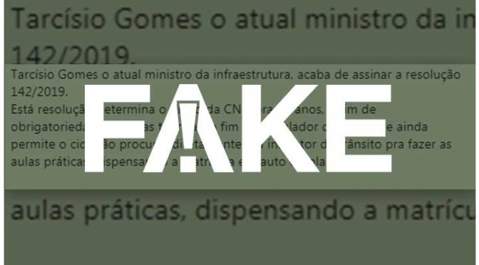 É #FAKE que resolução determina fim de aulas teóricas de direção e amplia para 20 anos prazo da CNH